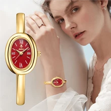 YaLaLuSi 1pc Ladies Elegant Style Quartz Watch Temperament Simple Golden Bracelet Style Ladies Watch Luxury Oval Dial Push Button Design Wear Suitable For Dress Party Daily Wear Gift For Women Valentine's Day Gift
