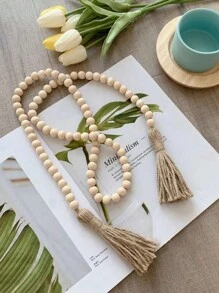 1 件天然木色流苏花环，配黄麻绳和木珠，适用于家居装饰（30/43/84）客厅/餐厅/窗户/门 DIY 壁挂饰品，纯手工制作，最佳礼物