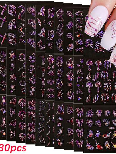 30pcs Various Nail Art Stickers Set, 30Styles Holographic Laser Pink Butterfly, Heart, Star & Feather Flower Plants Design Nail Stickers & Decals, 3D Self-Adhesive Asymmetric Geometric Lined Nail Art Decorations For Women DIY Manicure Daily Salon Use(30Sheets) Nails Nail Supplies
