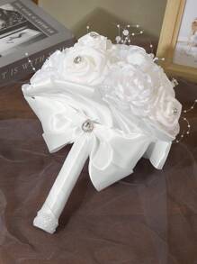 1 件白玫瑰新娘花束，装饰有人造珍珠和砖块，婚礼新娘花束，婚礼摄影和装饰道具