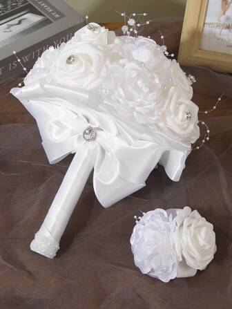 1pc White Rose Bridal Bouquet, Decorated With Faux Pearl And Bricks, Wedding Bride Bouquet, Prop For Wedding Photography And Decoration