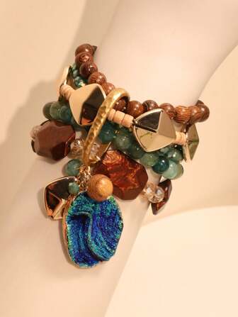 1st Multi-Layer Beaded Armband met willekeurige steen en houten Bohemian stijl, geschikt voor vrouwen avondfeest, vakantie, strand, dagelijkse kleding