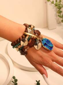 1 قطعة سوار متعدد الطبقات مزخرف بحبات عشوائية من الأحجار والخشب بأسلوب بوهيمي، مناسب للنساء في الحفلات المسائية والعطلات والشاطئ والاستخدام اليومي - متعدد الألوان - مشاهدة 4