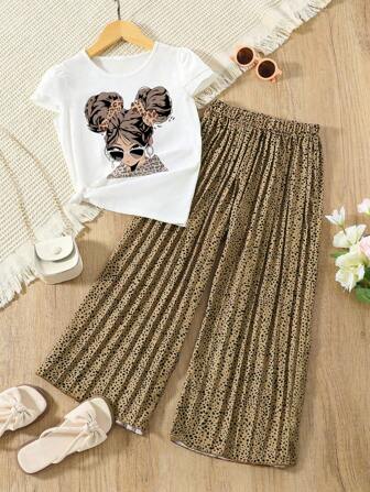 2 件套 Tween 女童图案短袖上衣和豹纹阔腿裤套装