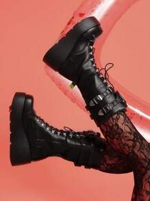 Goth Platform Boots For Women Back To School Punk Motorcycle Boots Mid Calf Round Toe Boots Back Zip Wedges Fall Boots - Black - View 8