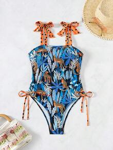 New Sexy Leopard Print Halter One-Piece Swimsuit, Drawstring Tie Front, Skinny, Supportive, Slim Down, Suitable For Summer Beach Pool, Vacation