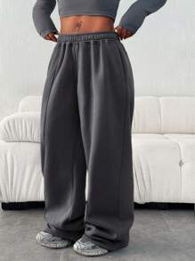 Plus Size Women's Casual Loose Solid Color Elastic Waistband Pocket Sweatpants - Dark Grey - View 2