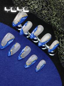 Mantieni sempre le tue unghie bellissime con set da 10 pezzi di unghie finte a forma di mandorla in blu reale e bianco con effetto floreale, stile bohémien minimalista, french tips in lamina dorata, elegante set completo di unghie acriliche finte per donne e ragazze, realizzato a mano, con 1 lima per unghie mini e 1 foglio di adesivi