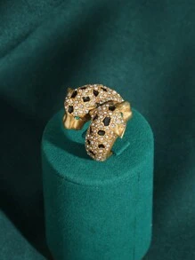 1 buc Inel deschis cu aur de 18K placat cu cupru, design cu cap de leopard cu stras, agat albastru, piatra ochi de tigru, piatra naturala si inel de cristal de sticla - Multicolor - Vizualizare 2