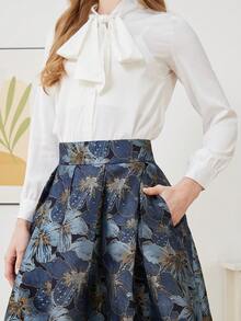 Elegant Jacquard Bowknot Blouse & Skirt Party 2pcs Set
