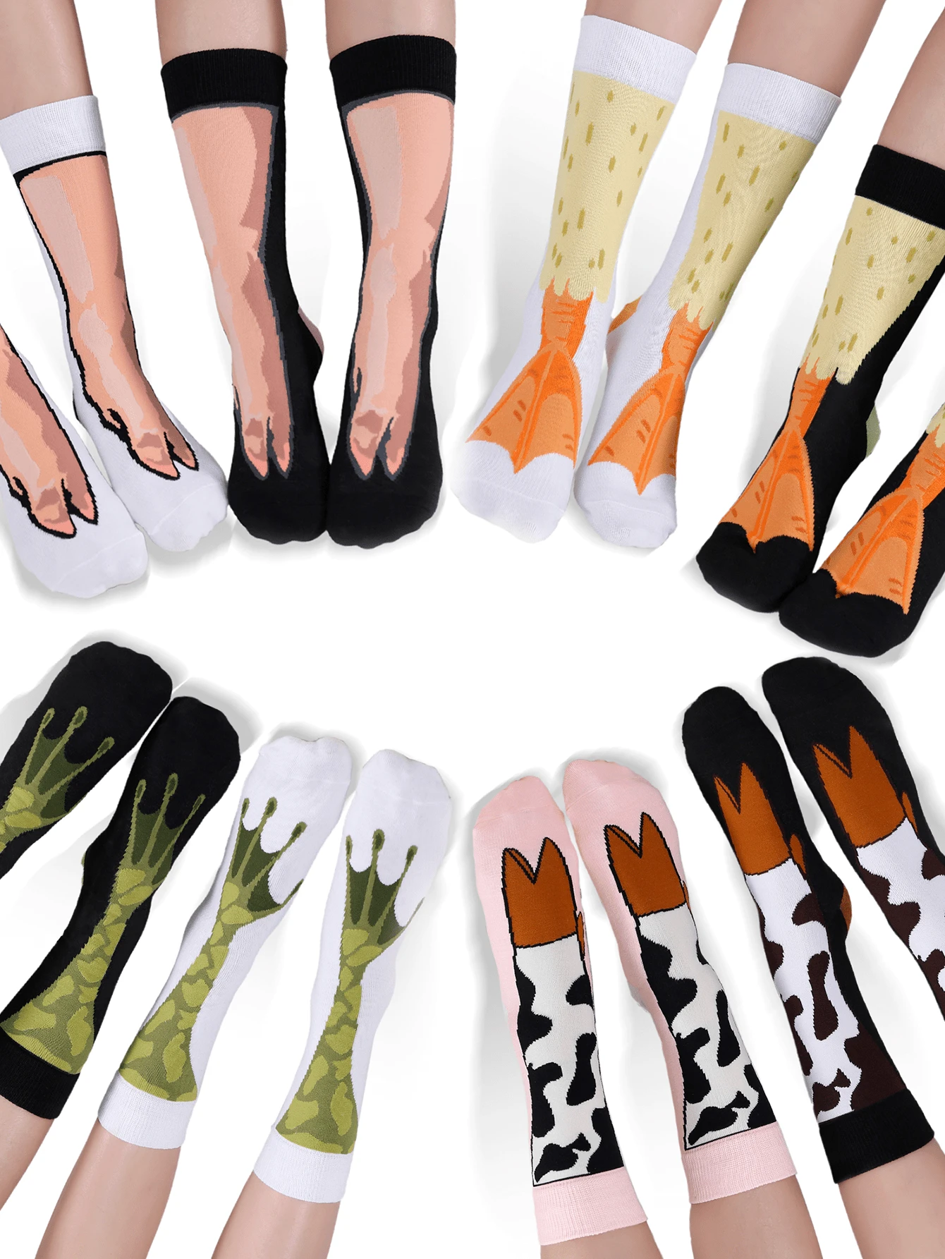 4 pares de calcetines con estampado de huellas de animales, con diseños de patas de vaca, rana, pato y cerdo, calcetines divertidos y novedosos para regalos festivos, calcetines hasta el tobillo unisex para todas las estaciones - Multicolor - Ver 1