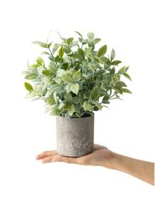 1pc Kunstmatige Vorstwitte Eucalyptus Plantenpot, Echte Touch Nep Plastic Eucalyptus Bladeren En Rozemarijn Bladeren Cluster Pot Groene Plant Nep Pot Met Grijze Papierpulp Pot Kleine Kamerplant Voor Thuis Binnen Plank, Bureau, Thuis Badkamer, Boerderij, Kamer, Tafeldecoratie