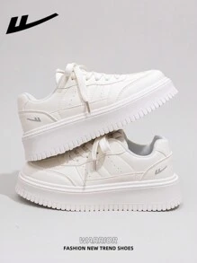 WARRIOR 1 Pair WARRIOR Brand Women's Casual White Lace-Up Canvas Shoes, Thick Sole Platform Flat Shoes For Outdoor & Skateboarding, Autumn Leisure Sneakers, Modern Design, Classic Retro Chunky Chunky Sneakers, Comfortable & Stylish, Suitable For Students