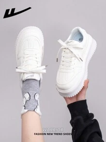 WARRIOR 1 Pair WARRIOR Brand Women's Casual White Lace-Up Canvas Shoes, Thick Sole Platform Flat Shoes For Outdoor & Skateboarding, Autumn Leisure Sneakers, Modern Design, Classic Retro Chunky Chunky Sneakers, Comfortable & Stylish, Suitable For Students