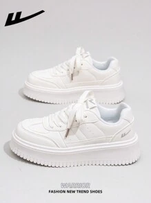 WARRIOR 1 Pair WARRIOR Brand Women's Casual White Lace-Up Canvas Shoes, Thick Sole Platform Flat Shoes For Outdoor & Skateboarding, Autumn Leisure Sneakers, Modern Design, Classic Retro Chunky Chunky Sneakers, Comfortable & Stylish, Suitable For Students