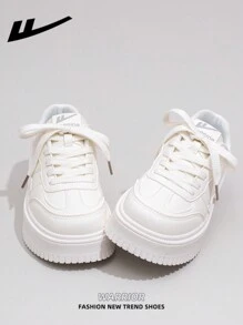 WARRIOR 1 Pair WARRIOR Brand Women's Casual White Lace-Up Canvas Shoes, Thick Sole Platform Flat Shoes For Outdoor & Skateboarding, Autumn Leisure Sneakers, Modern Design, Classic Retro Chunky Chunky Sneakers, Comfortable & Stylish, Suitable For Students