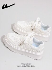 WARRIOR 1 Pair WARRIOR Brand Women's Casual White Lace-Up Canvas Shoes, Thick Sole Platform Flat Shoes For Outdoor & Skateboarding, Autumn Leisure Sneakers, Modern Design, Classic Retro Chunky Chunky Sneakers, Comfortable & Stylish, Suitable For Students