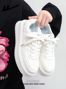 WARRIOR 1 Pair WARRIOR Brand Women's Casual White Lace-Up Canvas Shoes, Thick Sole Platform Flat Shoes For Outdoor & Skateboarding, Autumn Leisure Sneakers, Modern Design, Classic Retro Chunky Chunky Sneakers, Comfortable & Stylish, Suitable For Students
