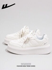 WARRIOR 1 Pair WARRIOR Brand Women's Casual White Lace-Up Canvas Shoes, Thick Sole Platform Flat Shoes For Outdoor & Skateboarding, Autumn Leisure Sneakers, Modern Design, Classic Retro Chunky Chunky Sneakers, Comfortable & Stylish, Suitable For Students