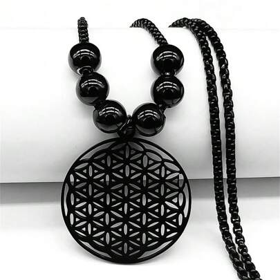 Flower Of Life Stainless Steel Mandala Metatron Necklaces Sacred Geometry Long Black Bead Necklace Jewelry