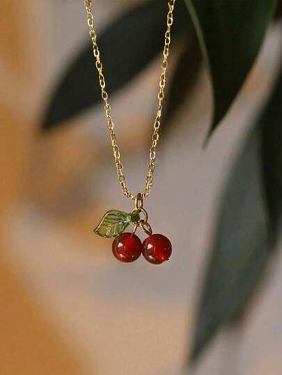 1pc Cherry & Green Leaf Pendant Necklace, Cute & Sweet Design For Everyday Wear, Women Jewelry