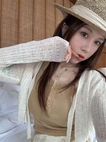 Tie-Up Cardigan Sheer Hollow-Out Long Sleeve Knit Cropped Top For Women