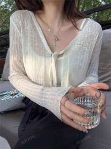 Tie-Up Cardigan Sheer Hollow-Out Long Sleeve Knit Cropped Top For Women