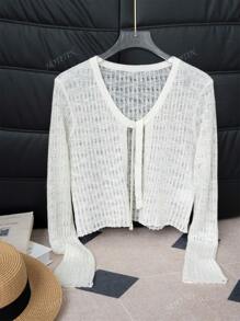 Tie-Up Cardigan Sheer Hollow-Out Long Sleeve Knit Cropped Top For Women