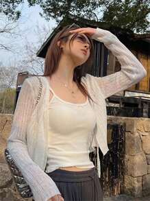 Tie-Up Cardigan Sheer Hollow-Out Long Sleeve Knit Cropped Top For Women