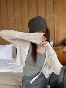 Tie-Up Cardigan Sheer Hollow-Out Long Sleeve Knit Cropped Top For Women