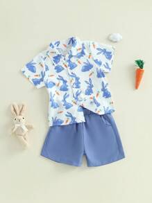 Get Ready For Easter With This Toddler Boy Easter Shorts Set - Bunny Carrot Print Short Sleeve Button-Up Shirt, Comfortable Elastic Waistband  Pockets