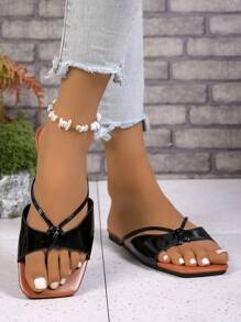 Women Square Toe Glossy Knotted Flat Sandals
