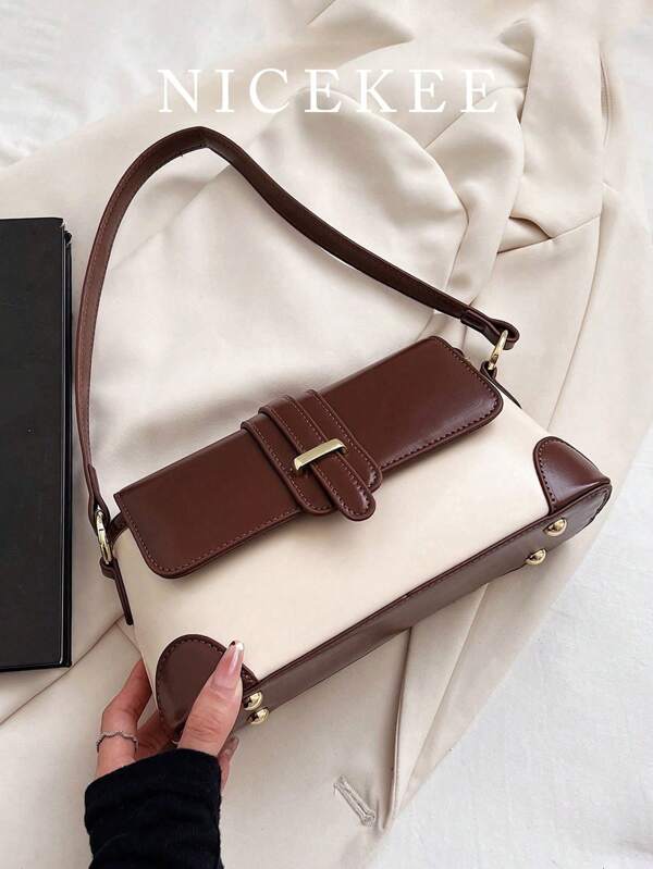 Schicke Retro Patchwork Schultertasche mit einzigartigem Design, Frauen Baguette Tasche mit modischer und avantgardistischer Klappe, passend für den täglichen Stil und Komfort, geeignet für Ausgehen, Dating, Einkaufen, Geschenkgebung