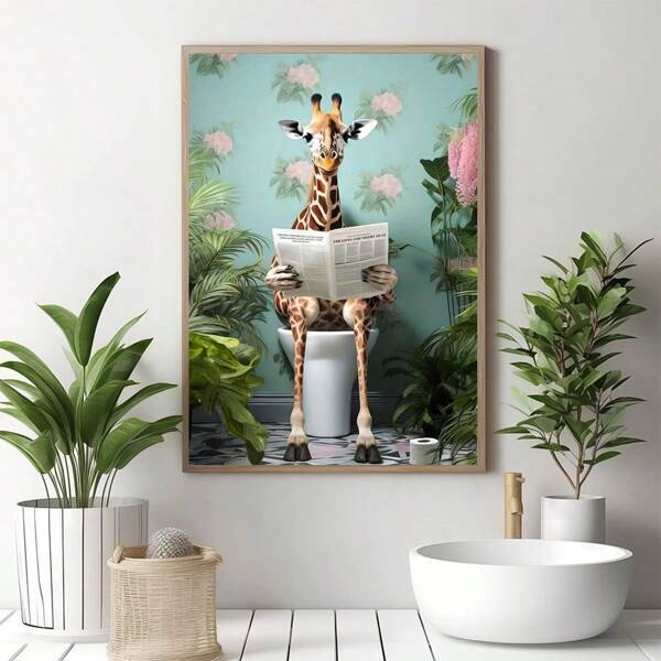 1pc/Set Funny Giraffe Reading Newspaper Bathroom Canvas Wall Arts Print, Modern Art Decor Retro Style Wall Decoration, Animal Theme Home Office Living Room Kitchen Bedroom Interior Poster, Plant Spring And Winter Wall Decoration,No Frame Include Gifts Birthday Graduation