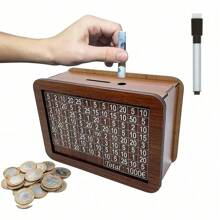 1pc Wooden Piggy Bank With Digital Counter, Adult Goal Planner Savings Box, Ideal Gift For Friends, High-End Wooden Money Box With Paper Bill And Coin Slots, Can Hold Up To 500 Coins - Brown - View 3