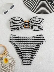 Black & White Striped Sexy Bikini Set, For Summer Beach Vacation