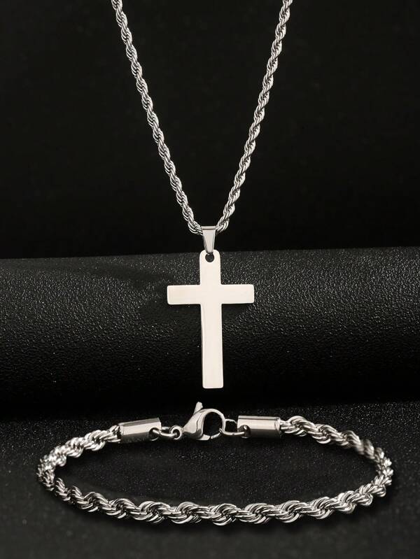 Conjunto de collar con dije de cruz con eslabón retro y pulsera para hombres