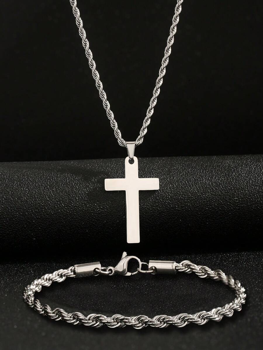 Men's Retro Cuban Link Cross Pendant Necklace And Bracelet Set - Silver - View 1