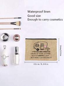 Happy Camper Canvas Make-uptas - Polyestervezel Letter Bedrukte Ritssluiting Vrouwen Cosmetische Tas, Opbergtas, Cosmetische Tas Goede Geschenken Voor Koppels En Gezinnen, Studentenhuis Cosmetica Opslag - Veel kleurig - Bekijken 10