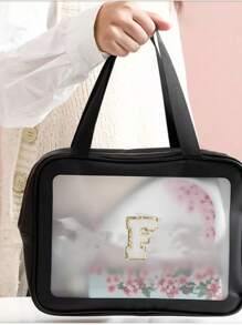 1 pièce Grand sac de toilette transparent de voyage à grande capacité, sac de maquillage portatif dépoli et imperméable, sac de lavage multifonctionnel avec 26 lettres à bord doré pour une combinaison libre, indispensable pour croisière, plage, vacances, salle de bain, camp d'été, décoration de salle de bain, organisateur de maquillage, accessoires de salle de bain, rentrée scolaire