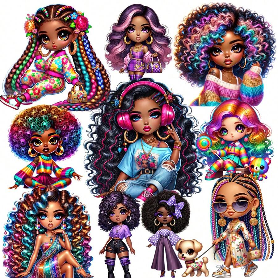 1 paquete de pegatinas decorativas vintage con una niña africana de cabello rizado y colorido, pegatinas hechas a mano creativas para manualidades DIY, diario, álbum, fotos, útiles escolares - Negro - Ver 1