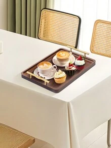 1pc Wooden Rectangular Serving Tray With Handle, Multi-Functional Kitchen Decor Tray, Suitable For Festivals And Meals - Multicolor - View 1
