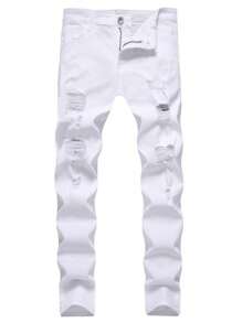 Men's Ripped Distressed Patch Denim Skinny Jeans Biker Stretch Pencil Pants, Emo Style - White - View 1