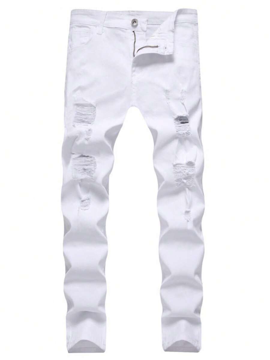 Men's Ripped Distressed Patch Denim Skinny Jeans Biker Stretch Pencil Pants, Emo Style - White - View 1