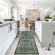 ANPHON Machine Washable Faux Wool Vintage  Printed Area Rug Non Slip Stain Resistant Foldable Easy To Clean And Wash Thin Floor Covering Non Shedding Low Pile Soft Mat With Elegant Bordered Design For Enhancing Home Aesthetic Decor In Living Room Dining Room Laundry Room Bathroom Entrance And Bedroom - Green - View 4