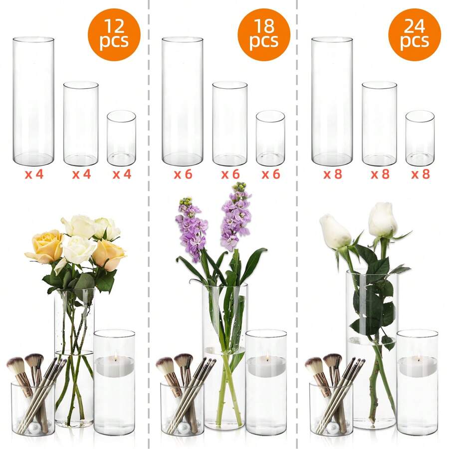 Superlele 12/18/24pcs Clear Glass Cylinder Vases, 4, 8, 12 Inch Tall Cylinder Vases For Centerpieces, Glass Flower Vase, Hurricane Floating Candle Holder Vase For Table Shelf, Party, Wedding, Home