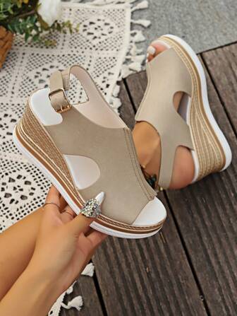 Women's Peep Toe Platform Wedge Sandals, Hollow Thick Bottom Strap Buckle Roman Style, Fashion Casual Outdoor Waterproof Platform Roman Sandals