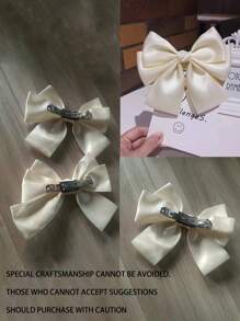 1pc Satin Ribbon Bow Spring Clip Hair Barrette Cute, School Stuff, Elegant, College, Bows, Head Accessories, Hair Accessories For Women - Beige - View 2