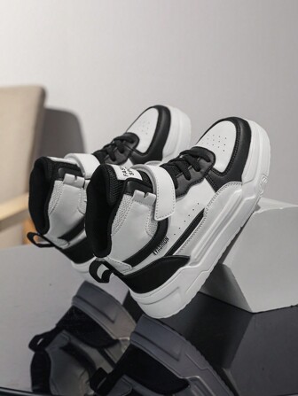 儿童篮球鞋，高帮，PU拼接鞋面，黑白，新款秋冬产品，带扣设计，轻便，舒适，防滑，透气，灵活，儿童运动鞋