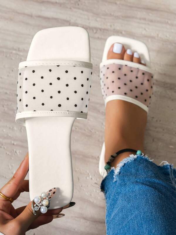 Sandales plates femme ouvertes à pois, en maille blanche respirante, à la mode